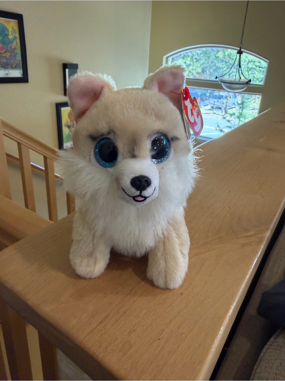 Ty Plush Dog with Blue Glitter Eyes - Cream and White
